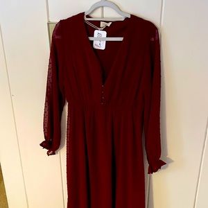 Burgundy dress. Dotted with shear overlay and button top